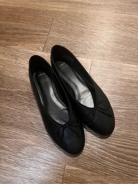 Mango Black Leather Ballet Flats with Bow Accent